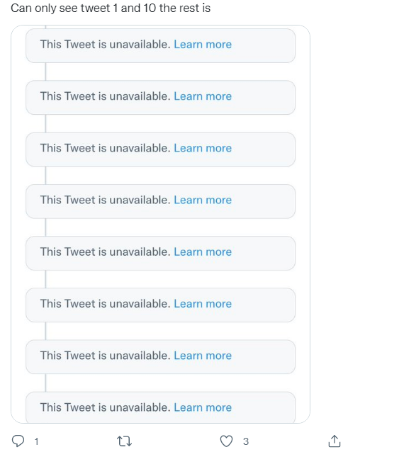 BCBacker's tweet photo. Hey @Twitter &amp; @TwitterSupport,

Many users are reporting my content and responses are showing up as "This Tweet is unavailable. Learn more."

My tweets are not about controversial subject matter or a violation of Twitter rules. This has been going on for 2-weeks. Please help. https://t.co/Qy4gctjMAu