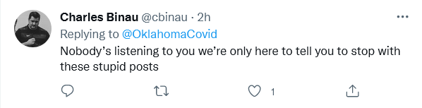 OklahomaMatters's tweet photo. "Nobody’s listening to you we’re only here to tell you to stop with these stupid posts"

Is this true?  Should we?  Thank you https://t.co/jvWNs3W7Qu