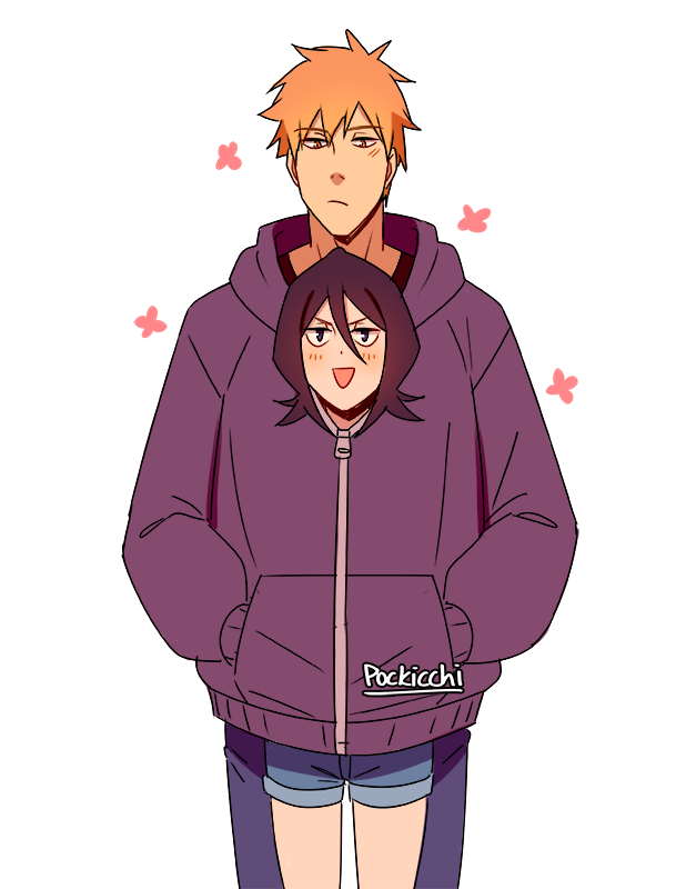 Pockicchi's tweet photo. rukia likes wearing ichigo's clothes >:3c 💜🧡 https://t.co/CKX74MmNOF