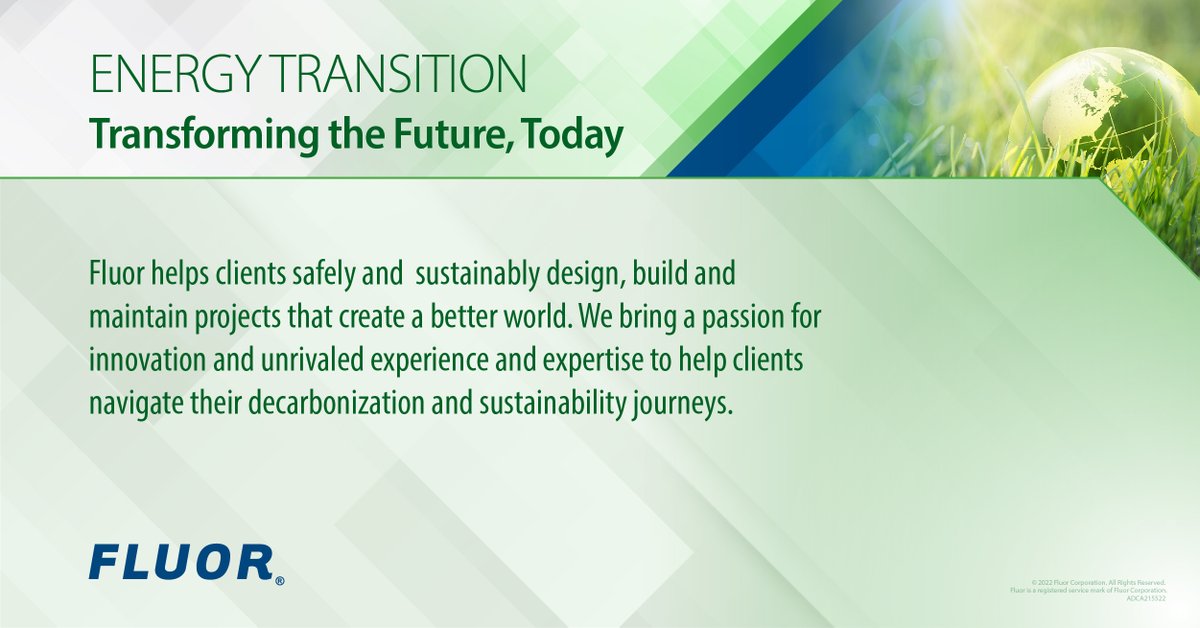 fluorcanada's tweet photo. Fluor’s role in #EnergyTransition is to safely and sustainably design, build, and maintain projects that create a better world. Read more in our recent piece in the @BOEReport https://t.co/JUJ3SHMisT #FluorBuildsABetterWorld https://t.co/PJvyWhEUpw