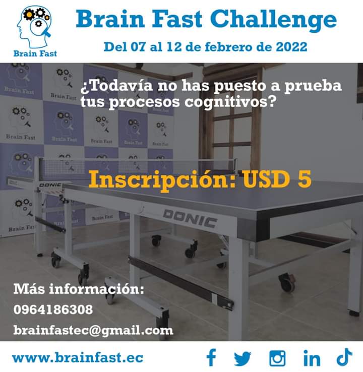 BrainFast_ec's tweet image. 🆕 BRAIN FAST CHALLENGE. 🏓🧠🤓

📆 Del 7 al 12 de febrero de 2022
✅ Costo de inscripción: USD 5.
✅ Premios económicos. 💵
✅ Información del reglamento en ➡️ brainfast.ec/2022/01/31/reg…
✅ Inscríbete y reserva tu cita en ➡️ forms.gle/2KrSdoePKNWWXj…

#BrainFastChallenge