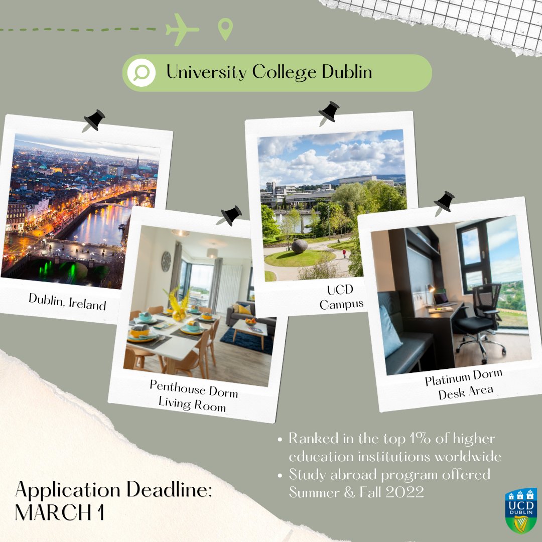 School Spotlight: University College Dublin 🇮🇪
Receive a world-class education at UCD. Study abroad during Summer or Fall 2022!
» 
»
»
Application Deadline: March 1

More information at:
studyabroad.marquette.edu