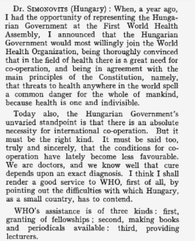ThiruGeneva's tweet photo. Hungary in 1949: "[S]cientific research work is hindered also by the fact that the preparation of essential medicines, such as streptomycin, penicillin and so on, is still a secret. We cannot get even isotopes." #WHA2 @WHO @WIPO @WTO https://t.co/iUcHOiVrMK