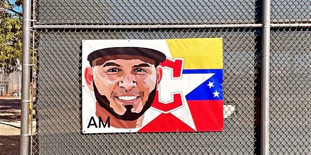 CleGuardPro's tweet photo. Awesome tribute portrait hanging on a backstop out at the Goodyear Development Complex of #Guardians minor league catcher Andres Melendez who passed away at age 20 in Miami, Florida on 12/16/21. 

#AM20 https://t.co/MNXU5jKwrH