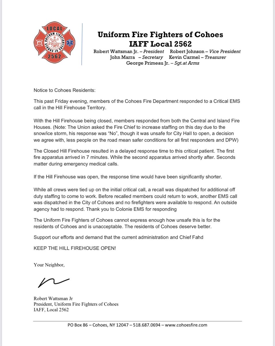 CohoesFire's tweet photo. Notice to all Resident’s, Visitor’s and Business Owners

This is why we are fighting for more daily staffing. 

1 extra firefighter means all 3 firehouses remain open. 

Contact info in comments 

@IAFFNewsDesk 
@NYSPFFA 

#spotlightonthehill
#uffc2562
#cohoesfire https://t.co/rVOFpwXbNl