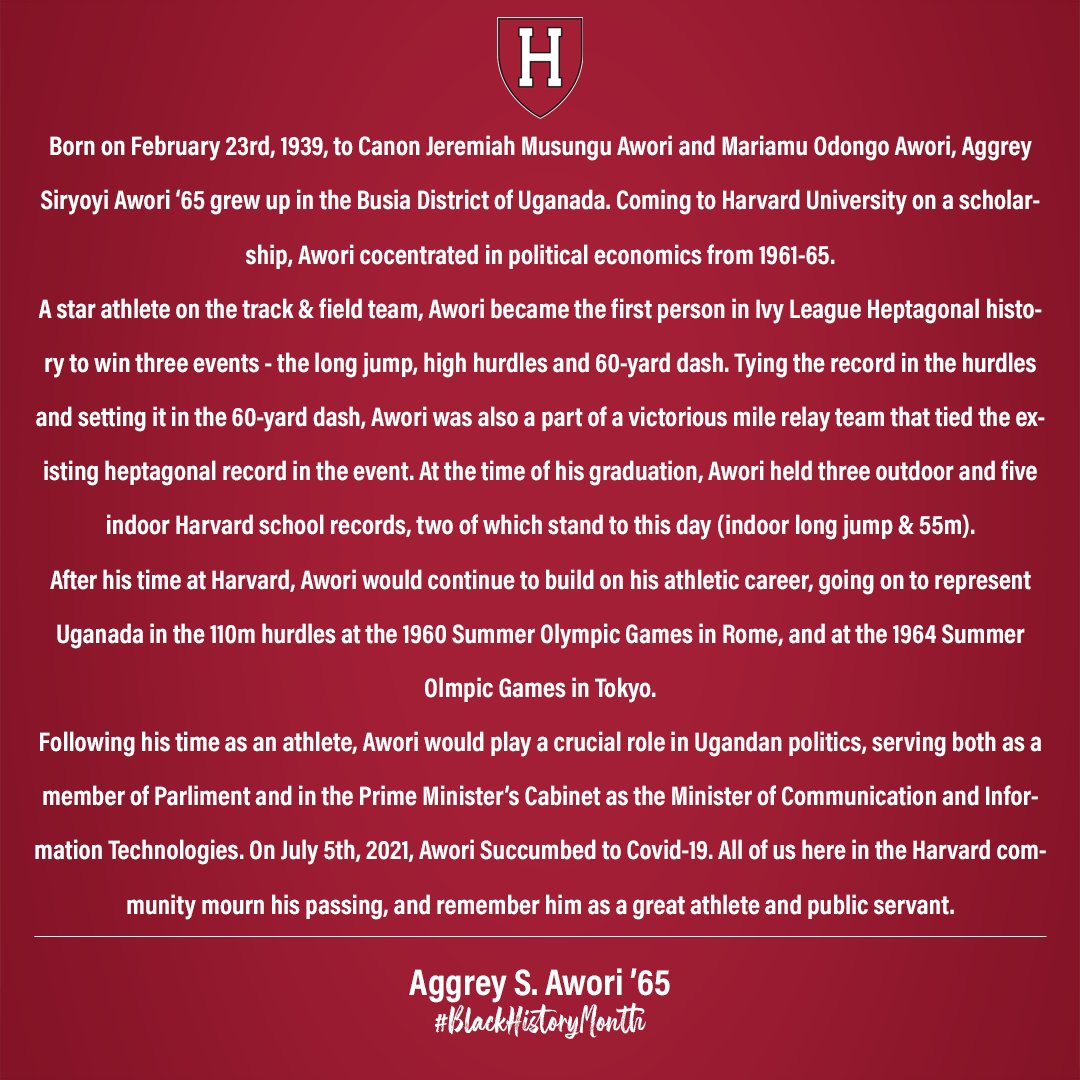 HarvardTFXC's tweet photo. As previously announced, throughout the month of February we here at Harvard Track &amp; Field are going to be celebrating some of incredible alums in honor of #BlackHistoryMonth 

Kicking that off for us is Aggrey Awori '65! 

#GoCrimson #OneCrimson https://t.co/DyFrgJuCt3