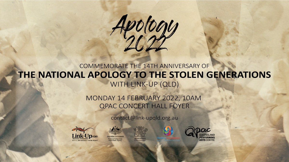 IndigenousXLtd's tweet photo. This National Apology Day, Brisbane-siders can commemorate with Link-Up (Qld) at @QPAC from 10am, with keynote speakers, performances &amp; recognition from @CraigCrawfordMP &amp; @terrimbutler. #stolengenerations

https://t.co/C7bEuOADR2 https://t.co/0tSKuTMlg3