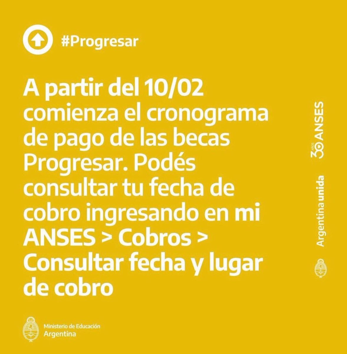 fspescobar's tweet photo. 🗓 CALENDARIO DE PAGO PROGRESAR

👉 Desde el 10 de febrero comenzará el cronograma de pago de las becas Progresar.

📲 Podés consultar tu fecha de cobro ingresando en Mi ANSES con tu Clave de la Seguridad Social, en la sección Cobros > Consultar fecha y lugar de cobro. https://t.co/0QnouehDvu
