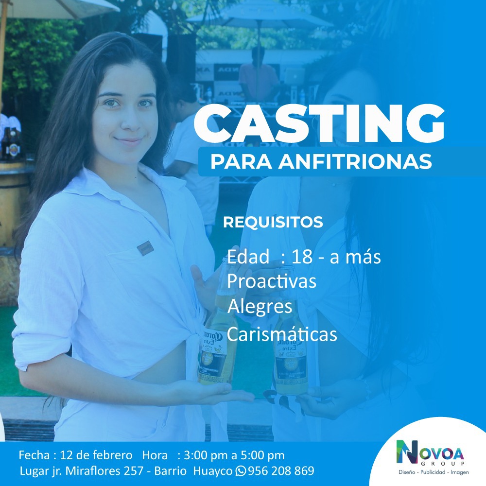 GroupNovoa's tweet image. Novoa Group Agency
Casting Presencial - Anfitrionas 2022 
Fecha: Sábado 12 de Febrero 2022 
Hora : 3:00pm a 5:00pm📍Lugar: Tarapoto (Perú)
Jr. Miraflores 257 - Barrio Huayco 
*Asistir con tacos 
💼Contacto: stefanny.arevalo@novoagroupbtl.com 
Mobile: +51 949 846 476