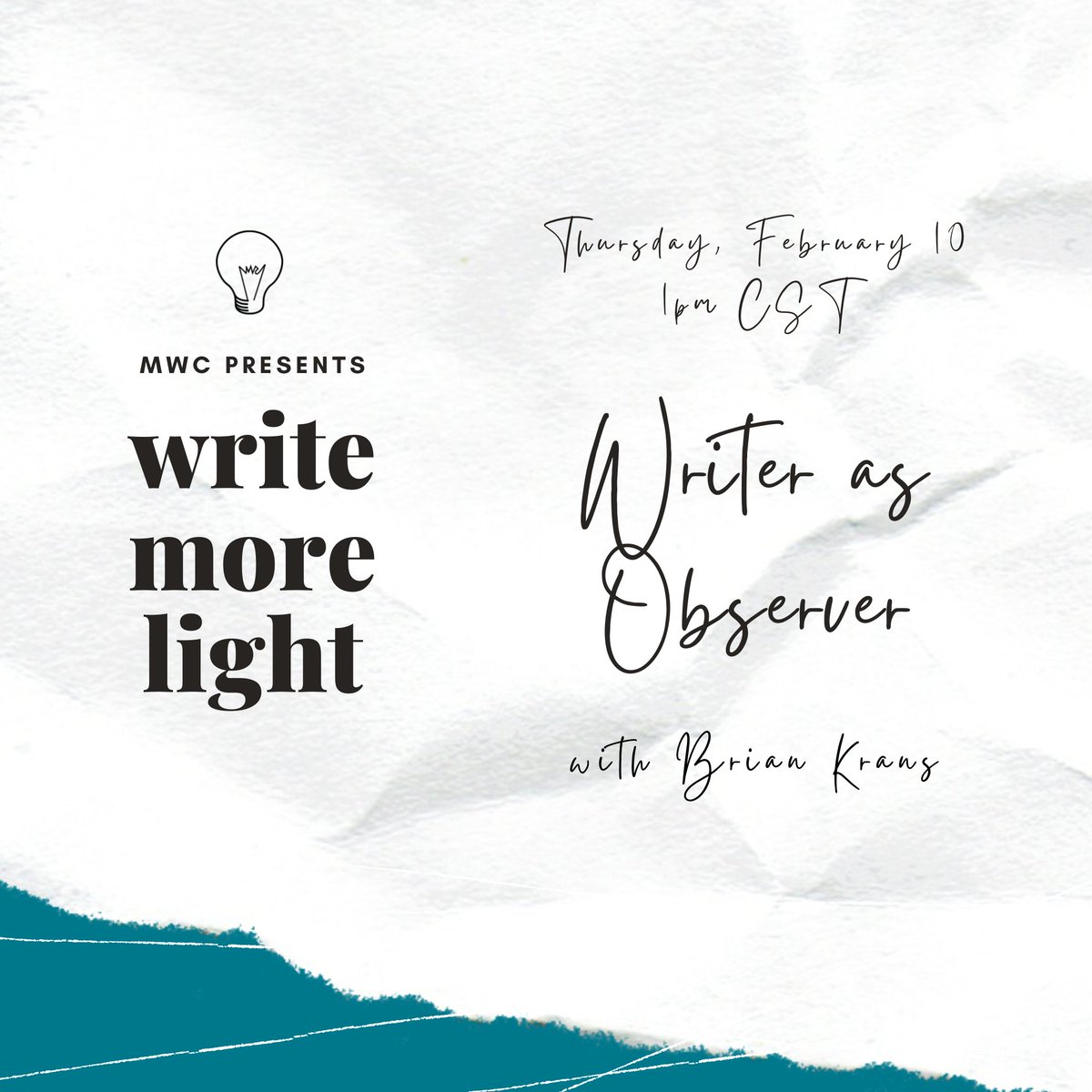 MWC_QC's tweet photo. Tomorrow's #WriteMoreLight will feature journalist and novelist @citizenkrans who will talk with Sarah about the intersection of creative and journalistic writing and the power of observation. Join us at 1pm CST/11am PST on our facebook page or hit https://t.co/FmeuvQVgkK later https://t.co/bCE4BJsWXi