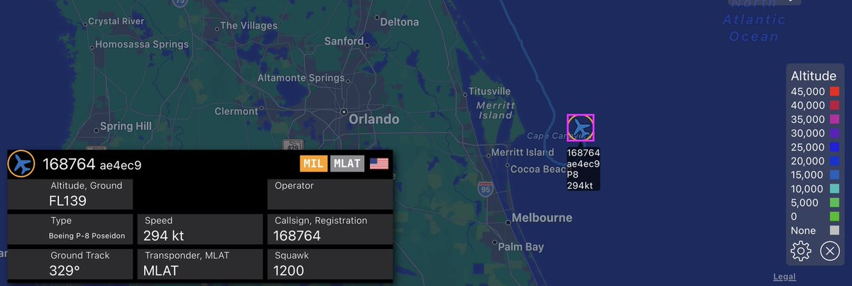 TheIntelFrog's tweet photo. P-8A Poseidon #AE4EC9 as 168764 working the W497 area off Cape Canaveral. https://t.co/jfKYcTUMMF