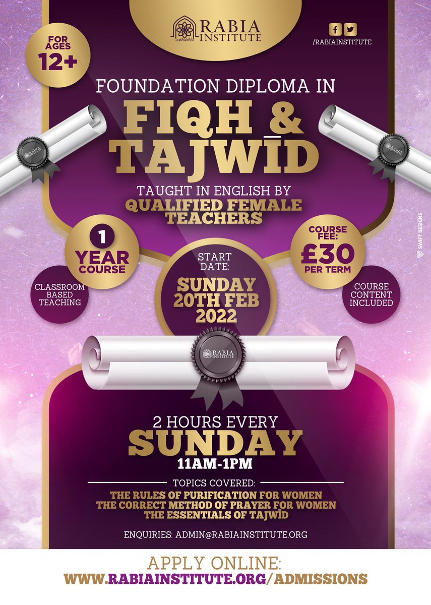RabiaInstitute's tweet photo. 🎓 Back by popular demand, we're proud to open up admissions for our Foundation Diploma in Fiqh and Tajwīd 🎓

Taught by qualified female teachers at the Institute every Sunday from 11am - 1pm.

We only have 20 places available 

Apply online: https://t.co/uuiE2Fk0jg https://t.co/tNE57MQWJG