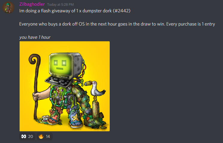 DumpsterDorks's tweet photo. yo! check out what's happening in the discord! 

FLASH GIVEAWAY for buyers on @opensea 

here is the official collection: https://t.co/CpiqFCwe9s

Thanks to the amazing Zilbaghodler!!! LFG🚀 #DorkOut https://t.co/UxT5ELBcqw