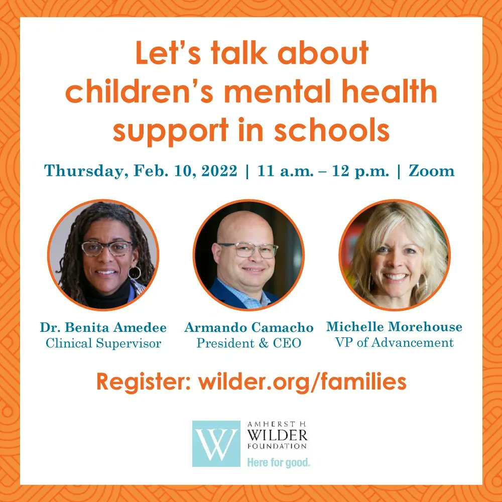 WilderFdtn's tweet photo. Please join our #OneFamilyAtATime conversation tomorrow at 11 a.m. about children's #mentalhealth and what we're doing to expand support in schools. Register: https://t.co/Le1yNK2h31
#SupportMentalWellness https://t.co/JTUWyDhQ1M