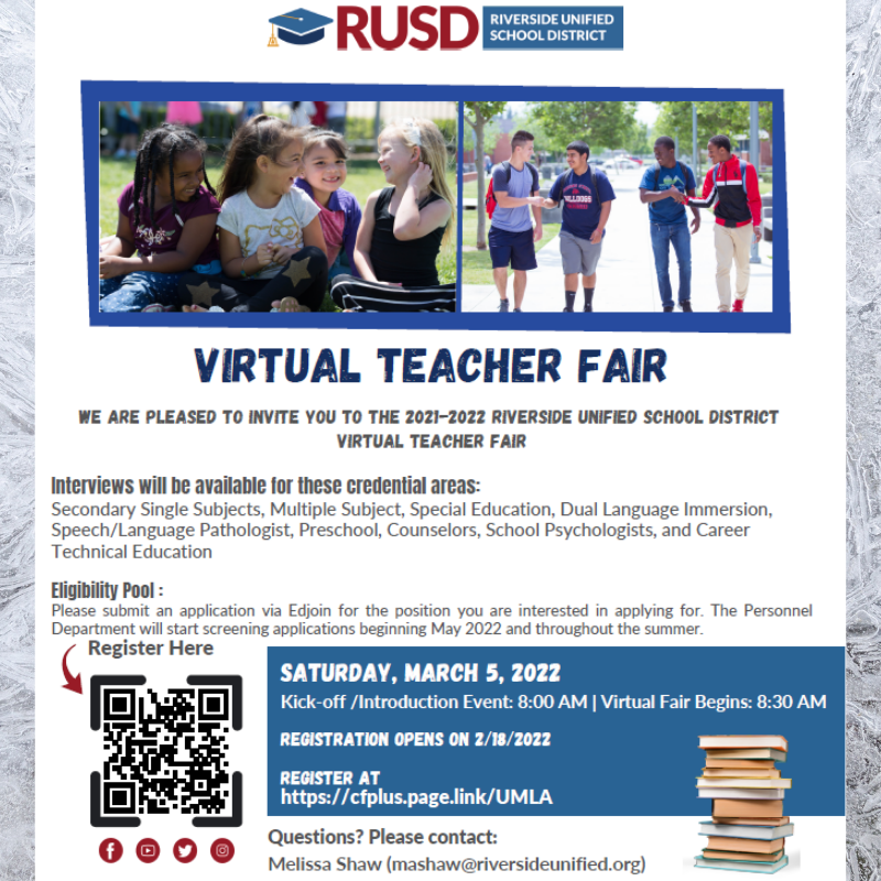 CBU_SchoolofEd's tweet photo. Riverside Unified School District is holding a virtual teacher fair on Saturday, March 5, 2022 starting at 8am. Registration opens on 2/18/2022 and you can register using the QR code. For any additional questions please contact Melissa Shaw at mashaw@riversideunified.org https://t.co/n96sutgYMo