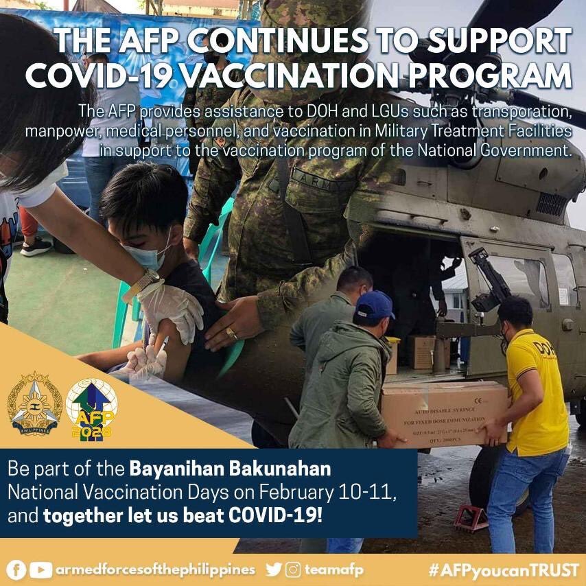 The AFP will continue to support the government's fight against COVID-19 by participating in the third national vaccination day dubbed as 'Bayanihan Bakunahan' on Feb 10-11, 2022.  

Vaccines save lives, be vaccinated together we will beat COVID-19!

#AFPyoucanTRUST 
#Resbakuna