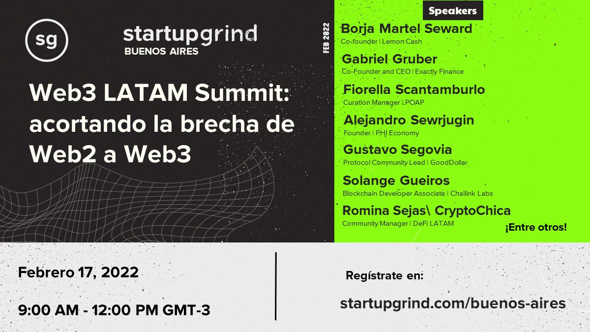 StartupGrindBA's tweet photo. ¡Atención Grinders! Estamos muy emocionados porque este mes en Startup Grind se celebra el #Web3Month. Por eso, en LATAM organizamos el primer Summit Web3 con un panel de expertos.
Inscríbete aquí:
https://t.co/wvebATYcke
¡No te quedes atrás!
#startupgrindba #web3 #SGWeb3Summit https://t.co/pgsUk3WvYi