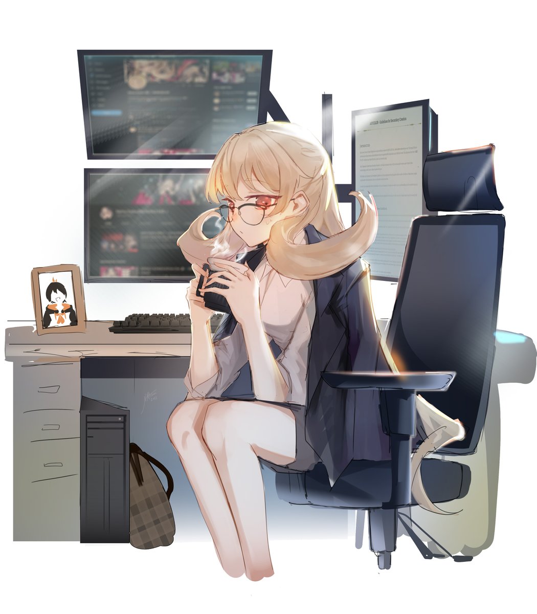 1girl glasses cup solo blonde hair holding cup shirt  illustration images