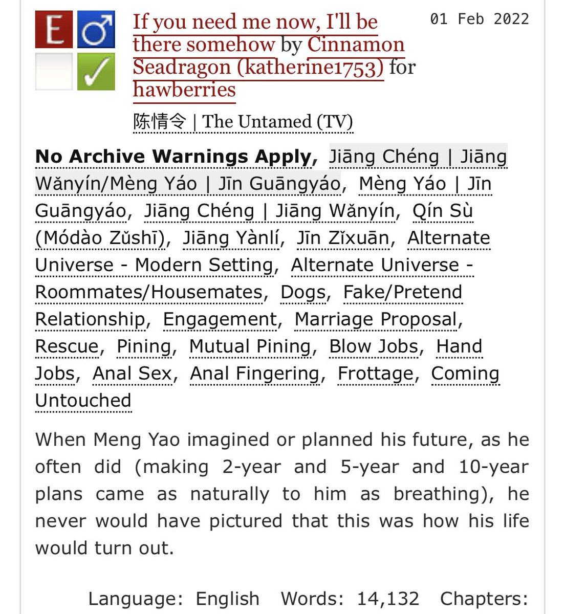 CinnamonCDragon's tweet photo. If you need me now, I’ll be there somehow 
🐾 Meng Yao/Jiang Cheng 
🐾 14.1k, E, Complete 
🐾 Modern AU, fake engagement 
🐾 dog adoption, oh my god they were roommates 

For the @MXTXRarepairEx 

https://t.co/lBBZu297QB https://t.co/jWKQbe7ng1