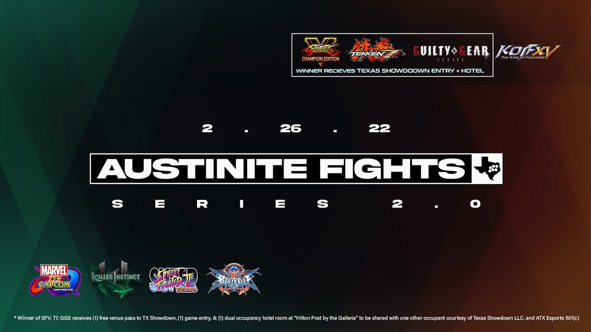 QuakeViking's tweet photo. Yo, #AustiniteFights 2.0 is going down Feb 26th at @TxGamersLounge.

They’ll have @KillerInstinct and more! Austin register at https://t.co/DGMgpsFp7Y!

Give them a follow too: @EsportsATX #PlayKI #FGC https://t.co/GHqEFYeZG4