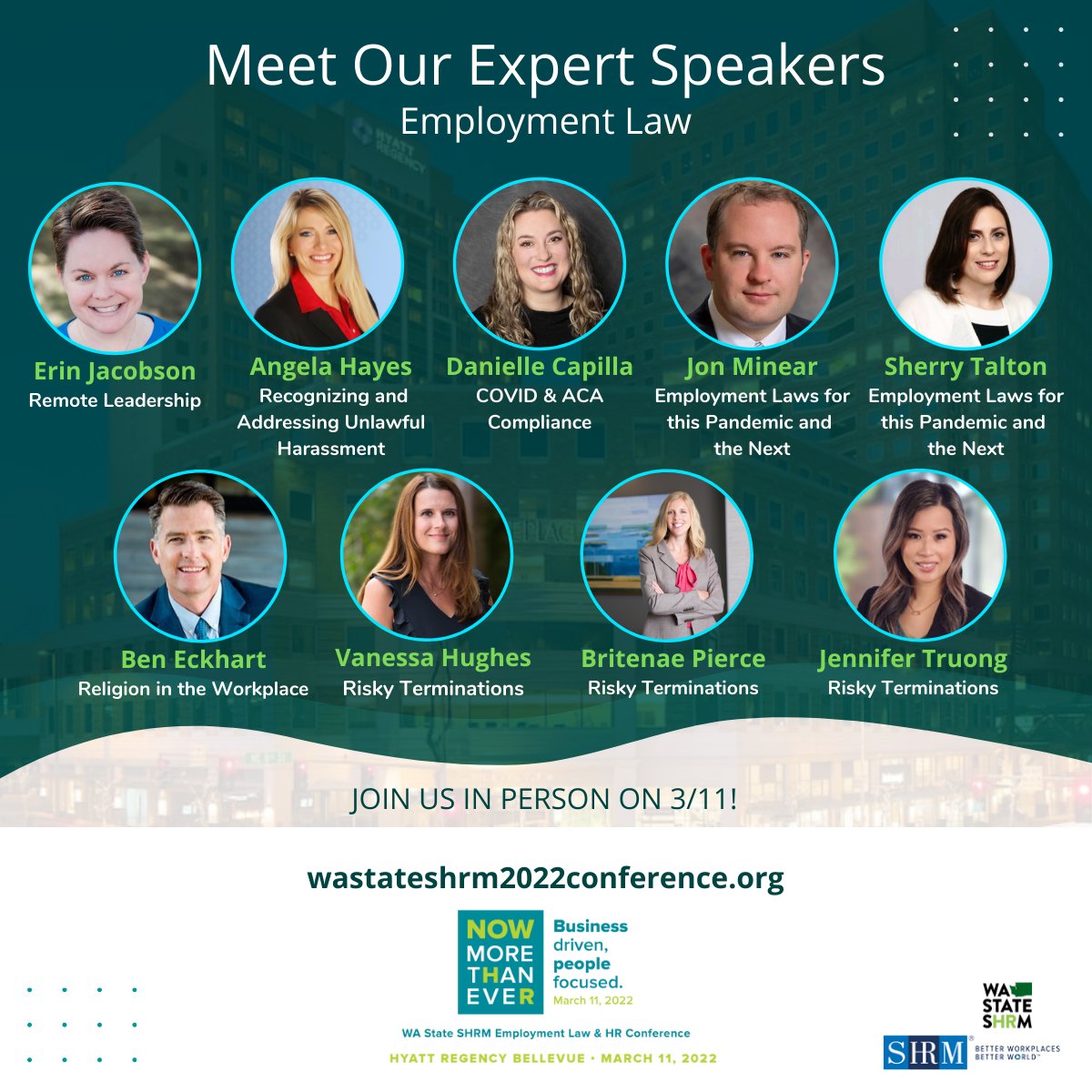 WSHRC's tweet photo. Now more than ever, companies need to know how employment law affects their business and their people every day. Join us #inperson for the 2022 Employment Law &amp; HR Conference on March 11! Check out the speakers from our Legal track and register today: https://t.co/d6CSSCxMss https://t.co/Z2c3cyHjDs