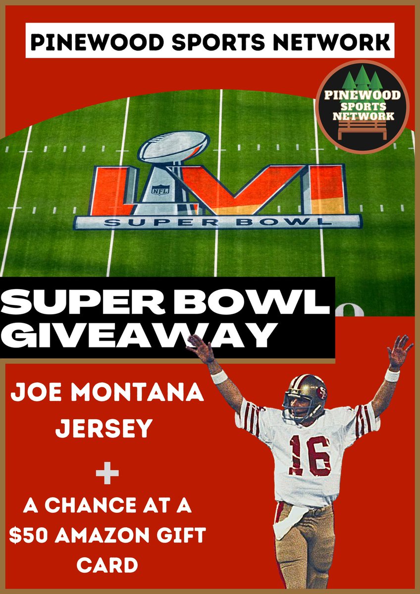 PineSportsNet's tweet photo. SUPER BOWL #GIVEAWAY🏆 

🚨Joe Montana Jersey + a chance at a $50 Amazon gift card🚨 

Rules: 

🏈RT with Winner of Super Bowl + Final score 

🏈Must be following @PineSportsNet 

🏈Tag TWO friends in the RT

Enter before 3pm CT on Sunday to qualify for #Giveaway #NFL #SuperBowl https://t.co/qiDmkSujRX