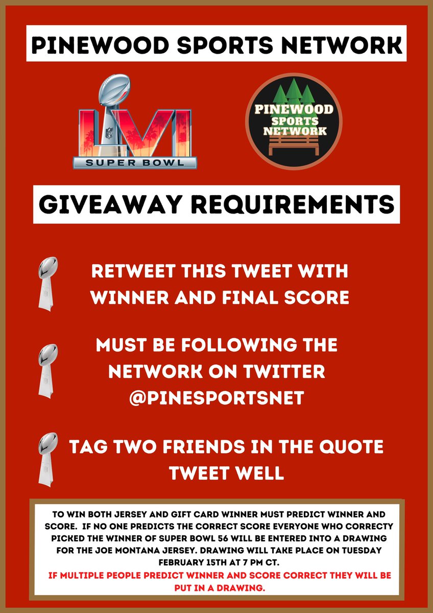 PineSportsNet's tweet photo. SUPER BOWL #GIVEAWAY🏆 

🚨Joe Montana Jersey + a chance at a $50 Amazon gift card🚨 

Rules: 

🏈RT with Winner of Super Bowl + Final score 

🏈Must be following @PineSportsNet 

🏈Tag TWO friends in the RT

Enter before 3pm CT on Sunday to qualify for #Giveaway #NFL #SuperBowl https://t.co/qiDmkSujRX