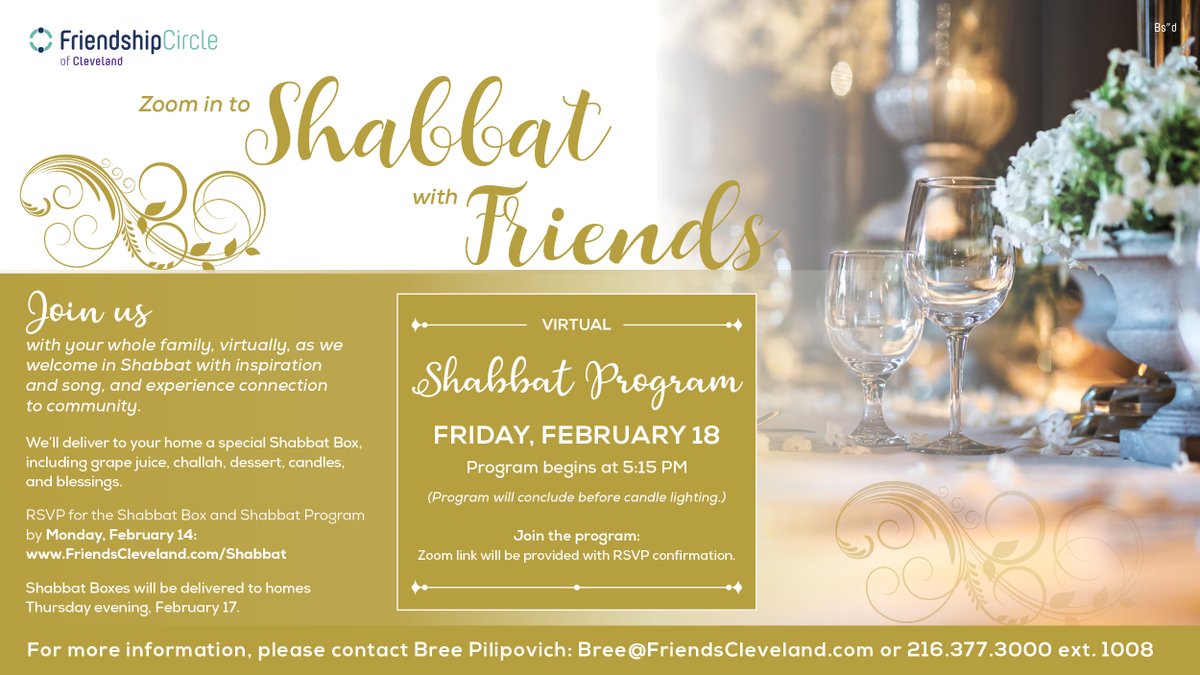 FCofCleveland's tweet photo. JOIN US virtually for Shabbat with Friends for a fun and inspirational program to welcome in Shabbat and feel connection to community. 

Friday, February 18 at 5:15 pm.

RSVP by Feb. 14 for Shabbat Box and Zoom link: https://t.co/FqSYd5nOmC

#ShabbatwithFriends #FriendshipCircle https://t.co/QbUBUYbBQg