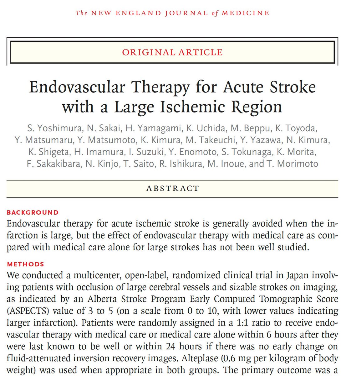 TESLATrial's tweet photo. Endovascular Therapy for Acute #Stroke with a #LargeCore | NEJM https://t.co/5Ki9zRH7T6 Many Congratulations to Drs Yoshimura, Sakai, Yamagami et al for Japan RESCUE Limit. 86% of patients selected with MRI. mRS ordinal shift favored EVT. @AlbertJYoo @oozaidat https://t.co/fhPp5D5zay