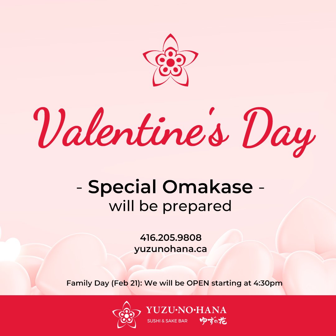 yuzutoronto's tweet photo. Happy Valentine's Day
.
We are celebrating Valentines Day with a Exclusive Special Omakase Menu tasting menu to share with your loved one.
.
Looking forward to meeting you all!
.
#valentinesday #valentine #omakase #yuzunohana #yuzutoronto #sushi #sashimi #sakebar https://t.co/eKAcrt1540