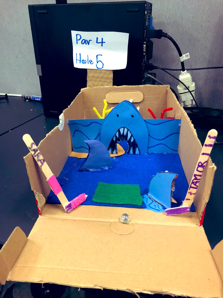 Mrs_A_Trimble's tweet photo. I’m loving these tabletop #minigolf courses that my #preengineering students made. Check out the one with the moving fan obstacle! @SurfsideMS @STEMEdInnovator @BayDistSchools #steam #stem https://t.co/rB7xWLz2Cs