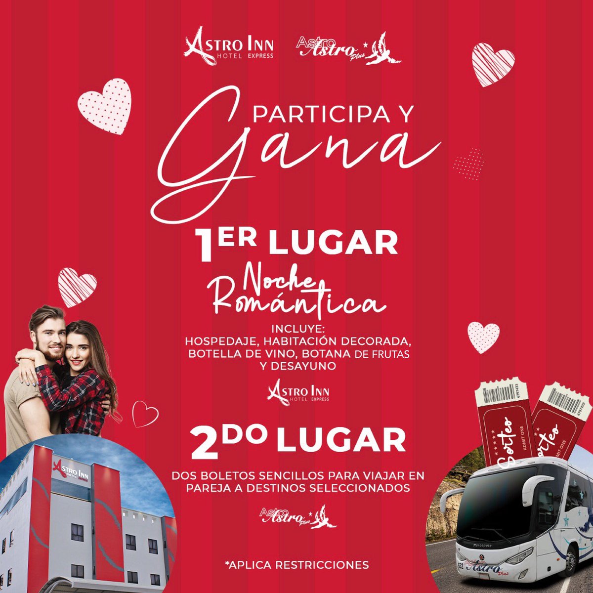 BusAstroPlus's tweet photo. ¡Gana una noche romántica de hotel o un viaje en pareja! ❤️ En Complejo Astro nos encanta el mes del amor y queremos premiar a nuestros usuarios con esta increíble dinámica de 14 de febrero. ➡️¡VE A PARTICIPAR A NUESTRA FANPAGE DE FACEBOOK! https://t.co/UNUBSF9ZL4