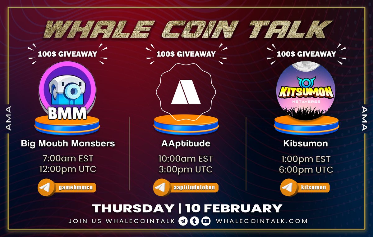 📢 AMA ANNOUNCEMENT 

➡️ Join: t.me/whalecointalk
➡️ Follow: @whalecointalk
🔄 Like + RT
💰 Join our AMA with <a href="/BigmouthMonster/">Bigmouth Monster</a>, <a href="/AAptitudeToken/">AAptitude ($AAPT)</a> &amp; <a href="/KitsumonWorld/">Kitsumon 🥚</a> for a chance win a share of $300 when we SPIN THE WHEEL‼️