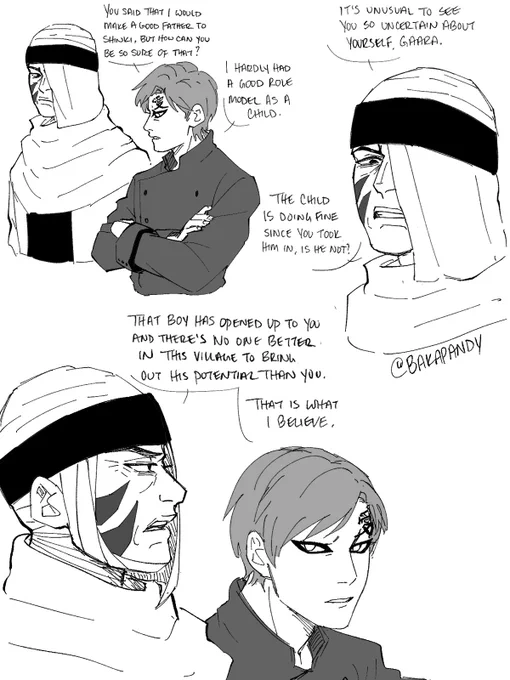 Gaara feeling inadequate about adopting Shinki and shares his fears with Baki… 