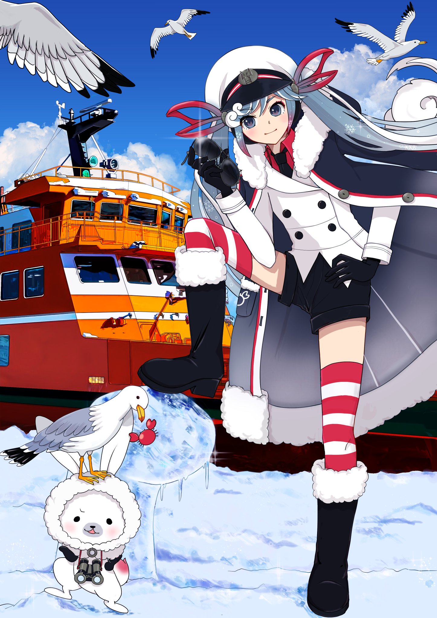 Piapro ピアプロ ピアプロ運営です 本日も みんなでおえかき 蟹船長とゆかいな仲間たち 作品をご紹介 Mof母さんの 雪ミク Amp ユキネ 氷のボラードに足を描けてビシッとポーズ 最高に決まっています W B T Co Raemb3dnxq Piapro
