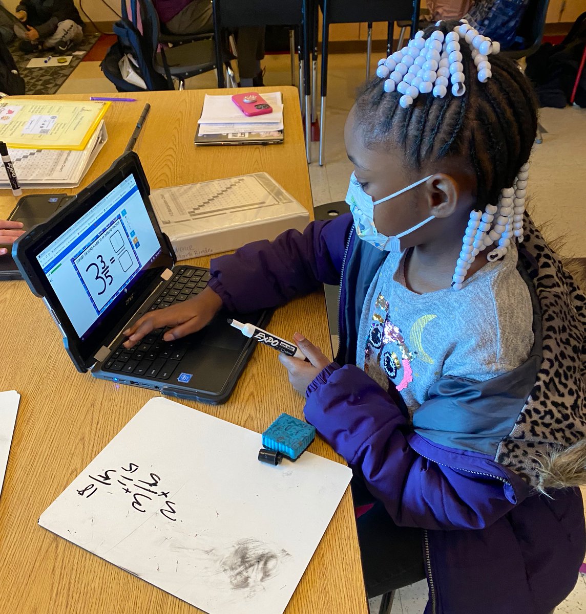 KaraKowalk's tweet photo. Our 5th graders are rocking their Fraction Boom Cards with Miss Overberg! They were so excited to tell why they were “MAD” (multiply, add, denominator) at math today!👏🏼 #WEareLakota @Flying5th https://t.co/rREfa59EQ8