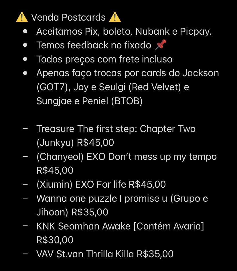 withourjoy's tweet image. ⚠️VENDA POSTCARDS⚠️

@vendaetrocakpop  @tradingcardkpop @KPopTr_Venda @vendas_kpop @helpkpopvt @KpopVenda @VendaKpop @vendaetroca_SM @exotrocasvendas @treasurevenda