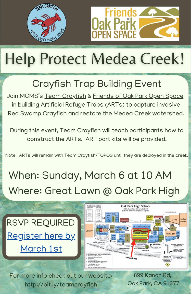 TeamCrayfish's tweet photo. Come join us on March 6 to help build Artificial Refuge Traps and learn about the #invasive #crayfish problem in our creek. Click link for flyer. 
https://t.co/1Y7hfC9Bpk 

#opshares #fopos #biodiversity @oakparkusd @MCMS_Panthers @wilskerscience @RSRPD_rec https://t.co/6Ca4eh6QOe