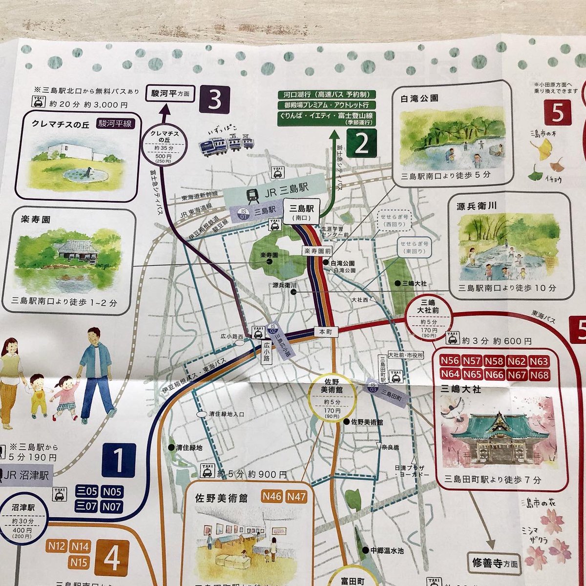 「乗って 旅する みしまっぷ」
できました‥やっと‥
(発行:三島市地域公共交通網形成協議会)
観光スポットの絵も描きました💪
表紙にいるファミリーが、各名所をまわって遊んでいます。