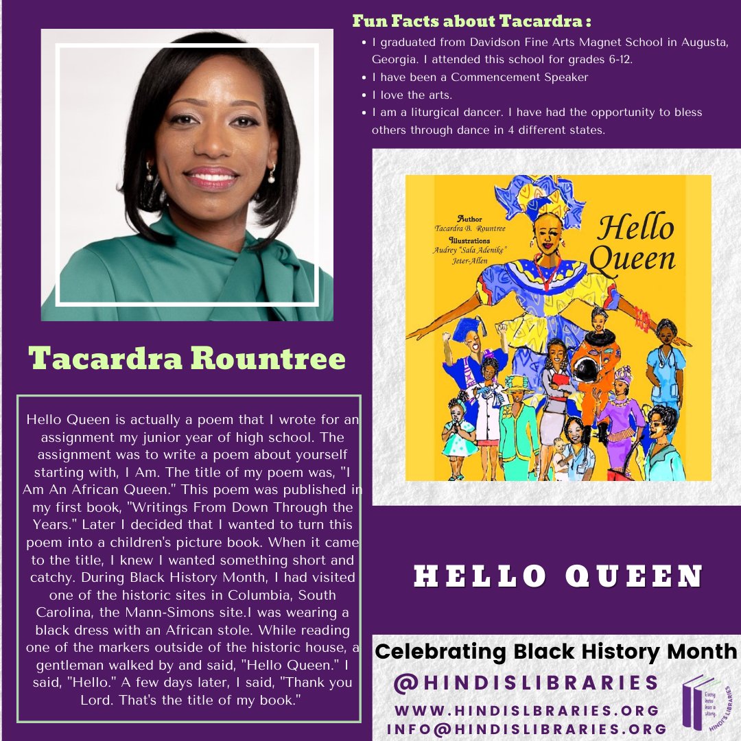 AuthorTRountree's tweet photo. Thank you @hindislibraries for highlighting me for Black History Month!! 
#HelloQueen #Blackhistorymonth2022 #BlackHistoryMonth #supportafricanamericanauthors https://t.co/TdGqFLtAFd