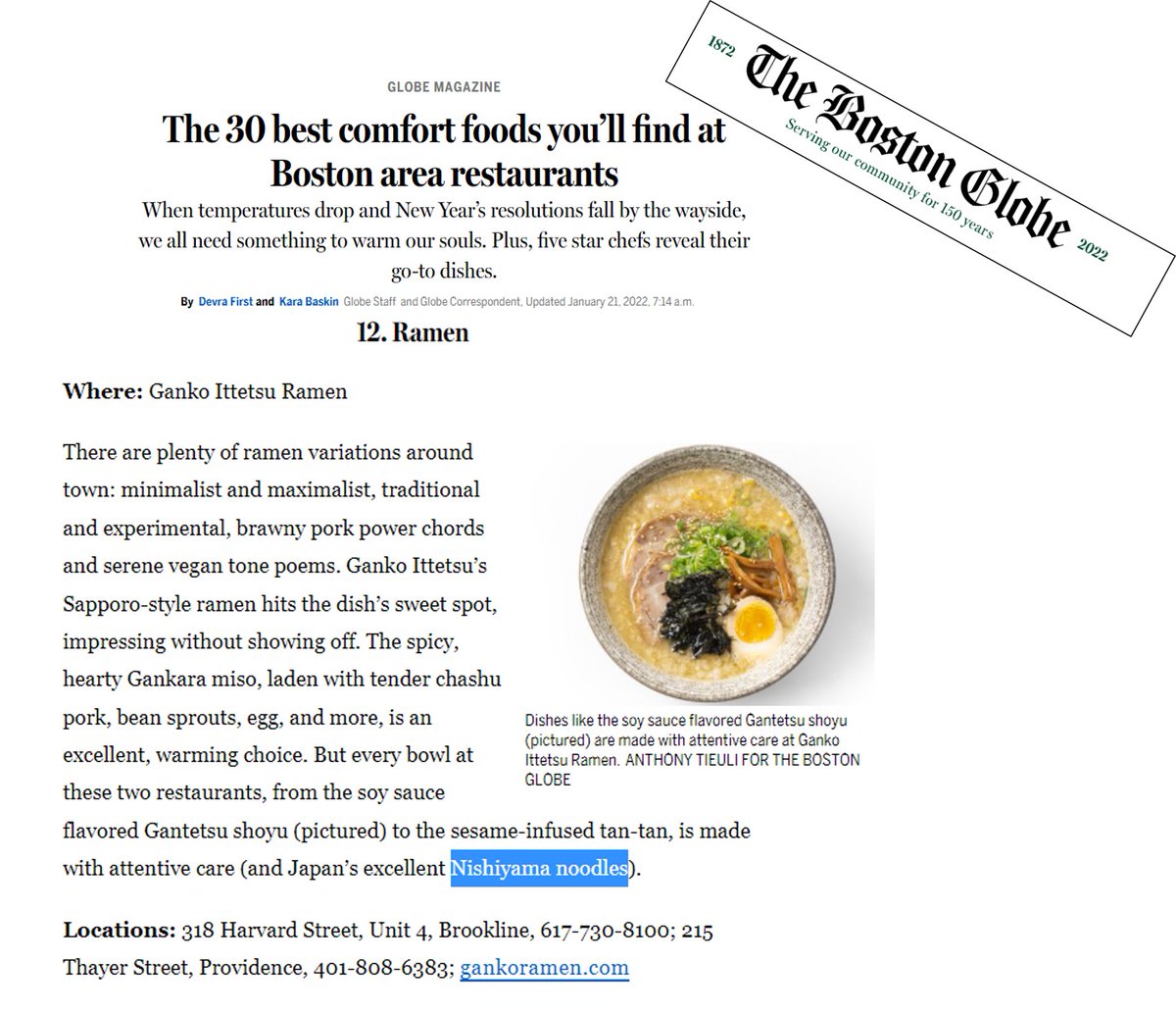 アメリカ、ボストン市にある <a href="/ganko_ramen/">Ganko Ittetsu Ramen</a>  の西山製麵の麺を使っているラーメンが <a href="/BostonGlobe/">The Boston Globe</a> に紹介されました！
Congrats &amp; thank you!! 🇺🇸🍜
bostonglobe.com/2022/01/21/mag…