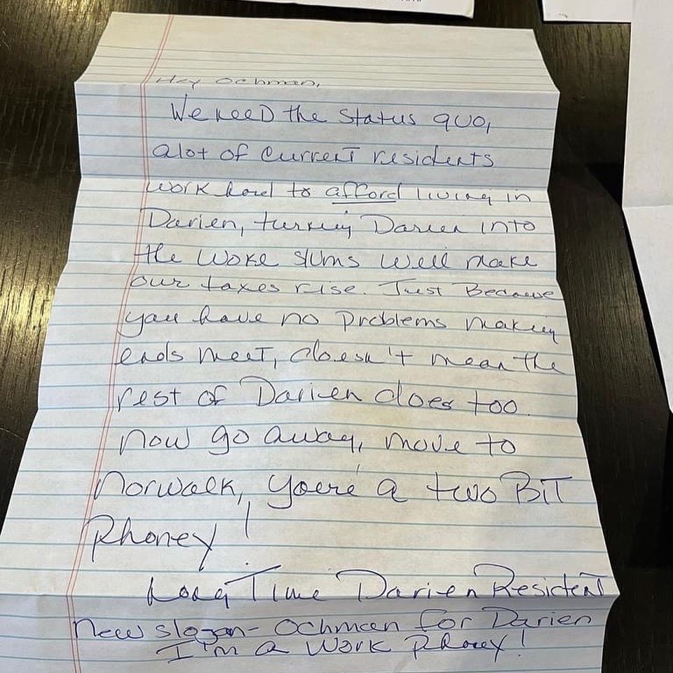senatorduff's tweet photo. Tara Ochman is a Democratic member of the #Darien Board of Ed. The “anonymous” letters are shameful. You feel that strongly, have the guts to sign your name. 

Who would write this garbage and what kind of toxic environment exists for the kids in these homes? #OpenChoice https://t.co/5H2JSaA7K7