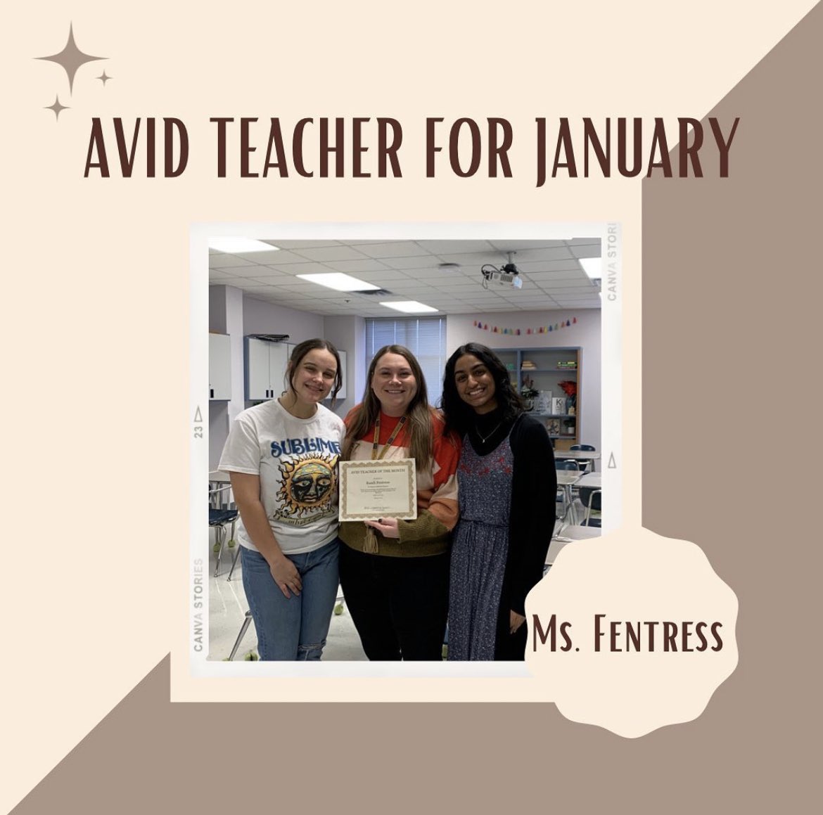 This post is a little late, but we nominated Ms. Fentress for AVID teacher of the month for January! Congratulations!

Ms. Fentress has been a great role model for all of her students and has demonstrated AVID strategies within her class.