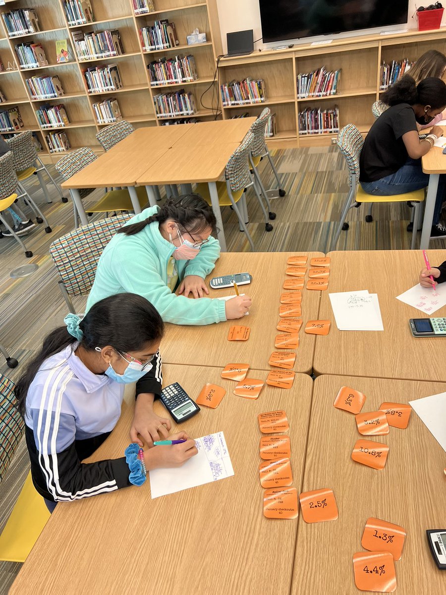Brennan4Books's tweet photo. Who says math can’t be done in the library? No librarian ever! I had a great time using book data to practice percentages with @MichaleneLee and her 6th grade mathletes @AlstonRidgeMS https://t.co/ghQFTcIiXW