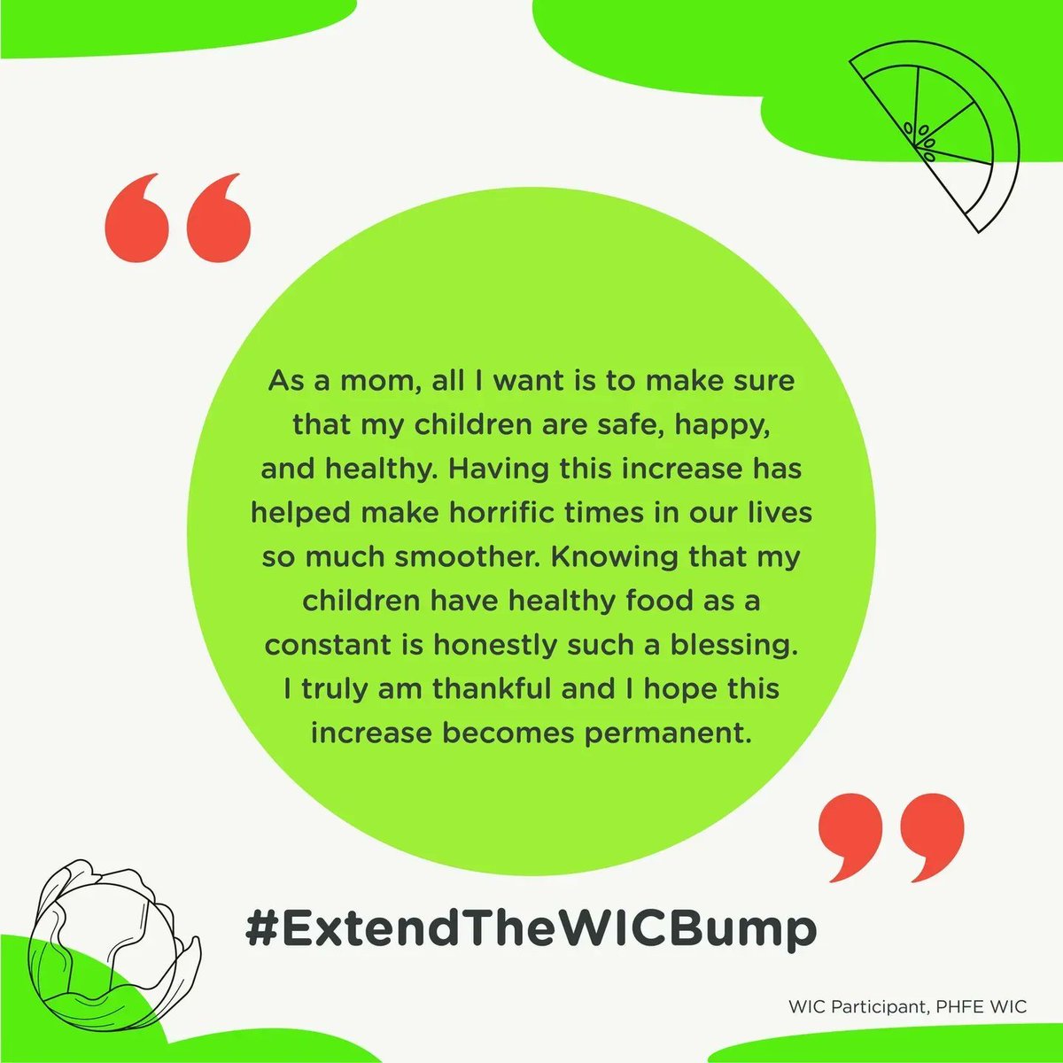 PhfeWic's tweet photo. #ExtendtheWICBump

The increase to WIC's veggie and fruit benefit from $9-$11 to $24, $43, and $47/month has changed participants' lives. Check out some testimonies below and urge Congress to extend WIC’s benefit bump. 🍑🍊🍉🥒🥔

#phfewic #wicworks #fruitsandveggies #nwa #cwa https://t.co/oY3pOJAryE