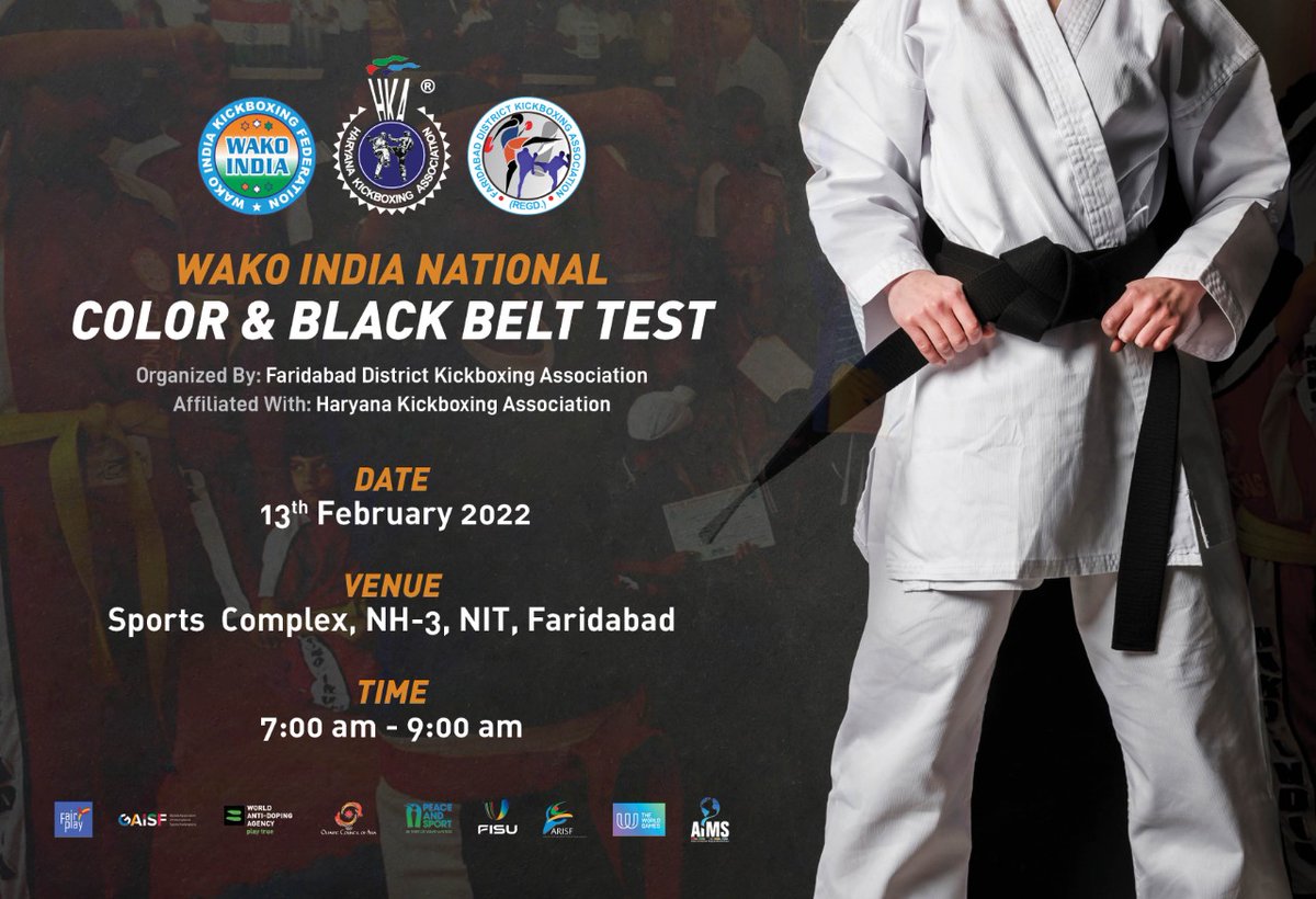 Pls Join us, National Belt Grading Test on 13th February 2022 at Kickboxing Hall, NIT 3, Faridabad.

<a href="/sensei4565/">Santosh Kumar Agrawal</a> 
<a href="/IndiaSports/">Dept of Sports MYAS</a> 
<a href="/kickboxing_wako/">WAKO.kickboxing</a> 
<a href="/wakoindiainfo/">Kickboxing Bharat</a>