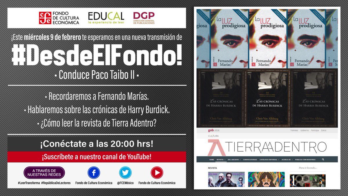 Coordinadores y coordinadoras👋🏼
¡Como cada miércoles, les esperamos en una nueva transmisión #DesdeElFondo a las 20hrs! Hablaremos de Fernando Marías, Las Crónicas de Harry Burdick, entre otros temas.🤓📚

👉🏼Youtube: youtu.be/Fcpek3l5thk
👉🏼Facebook: facebook.com/10159231148587…