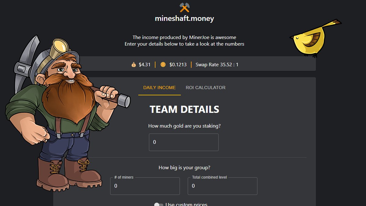 MinerJoeNFT's tweet photo. What's the ROI on a MinerJoe NFT? ⛏
How much can you really make? 💰

Our friend @crypto_tob has created a passive income, ROI calculator for every miner to use.

Head over to https://t.co/xYLjkZdZdS and figure out why everyone is minting!

#NFTGame #NFTCommumity https://t.co/TRYEo8MZg0