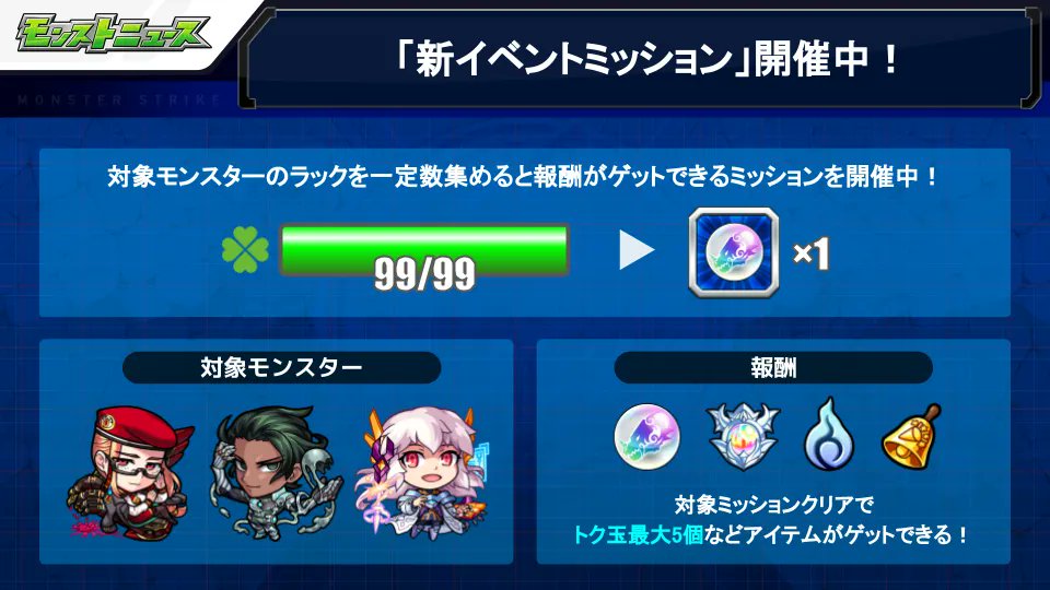 モンスターストライク公式 モンスト 新イベントミッション 開催中 新イベントクエストで獲得できるモンスターのラックを一定数集めて報酬をゲット 全てのミッション達成でトク玉合計5個をゲットできる モンスターが全て運極状態になるモンスト モンスターストライク公式 モンスト 新イベントミッション 開催中 新イベントクエストで獲得できるモンスターのラックを一定数集めて報酬をゲット 全てのミッション達成でトク玉合計5個をゲットできる モンスターが全て運極状態になるモンスト