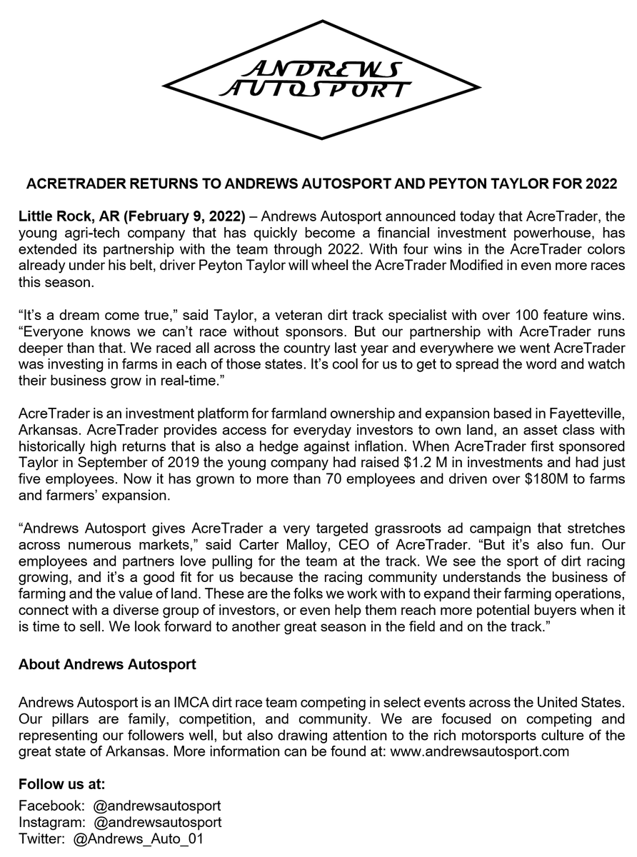 Andrews_Auto_01's tweet photo. Our sponsor @acretraderinc renewed for 2022! Racers remember motorsports sponsorship works. When AcreTrader 1st sponsored us in 2019 they had 5 employees &amp; $1.2M in investment, now they have 70 employees &amp; $180M. We produced $90,713 in Ad value in 2021. U can 2 for your sponsor🏁 https://t.co/1O8Cc0Je4L